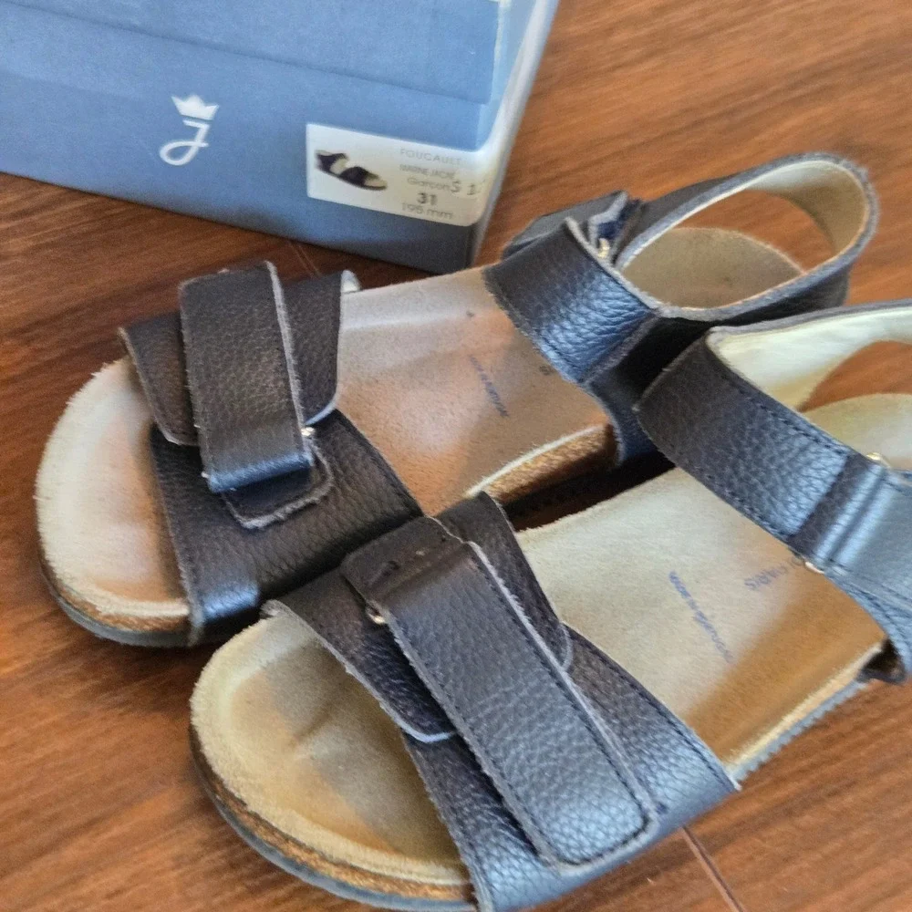 Jacadi Paris Foucault Navy Blue Leather Cork Footbed Sandals Kids Size 31 EU
